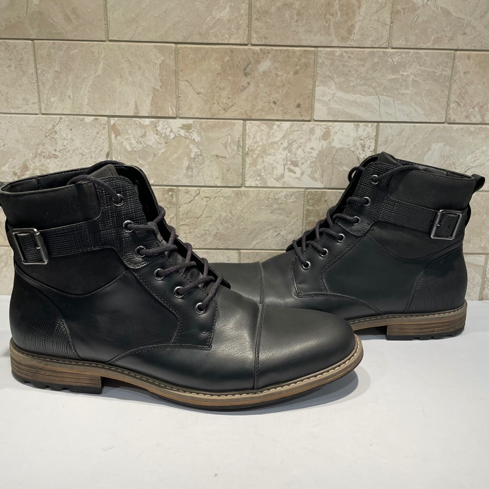 Arizona Lautner Mens Black Cap Toe Combat Boots Lace Up Buckle Strap